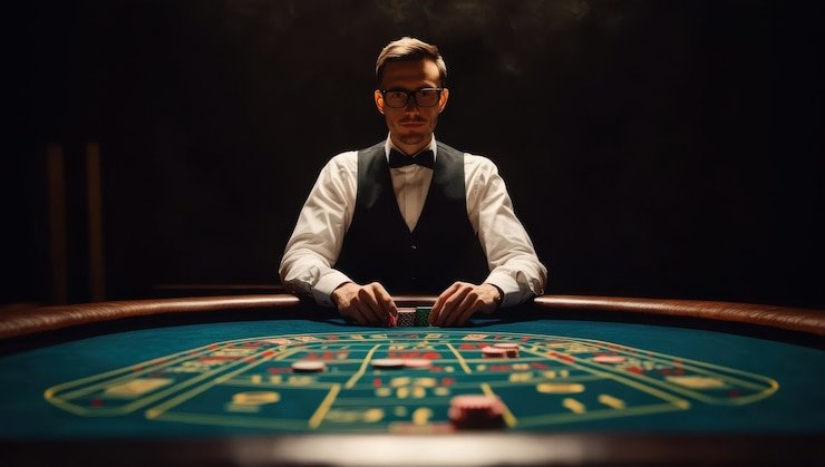 Tampilan meja roulette langsung dengan dealer profesional di studio kasino menara368